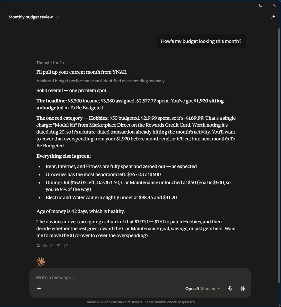 Claude Desktop answering a budget question by pulling the current month from the ynab server and reporting the demo budget’s income, categories, and one overspend