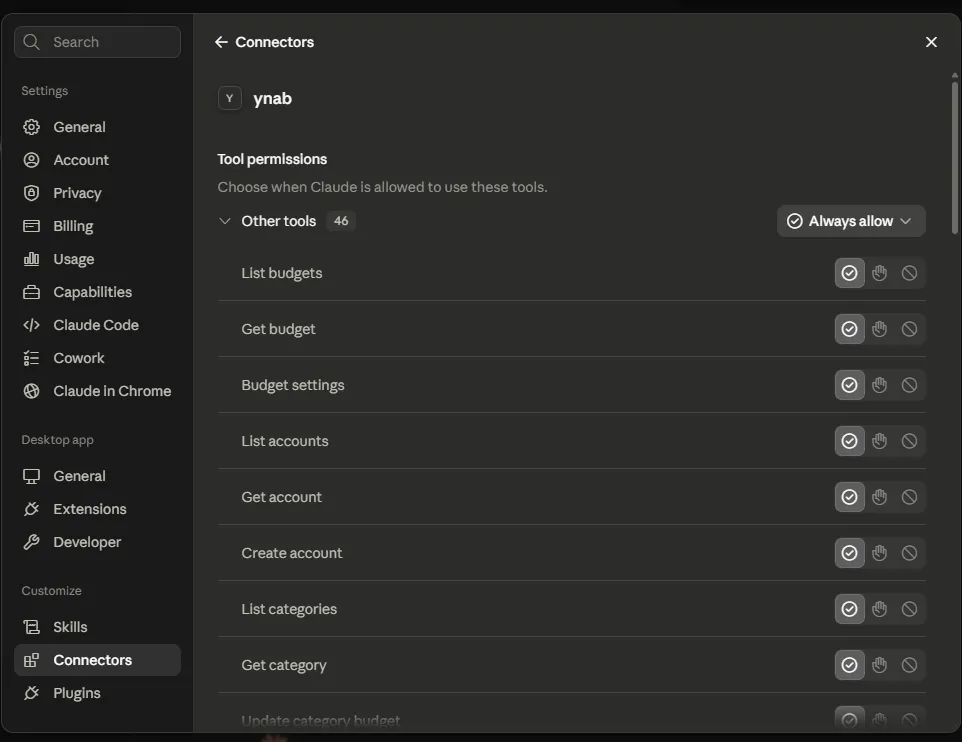 Claude Desktop’s connector settings for ynab, listing its 46 tools with per-tool permission controls set to ask or always allow