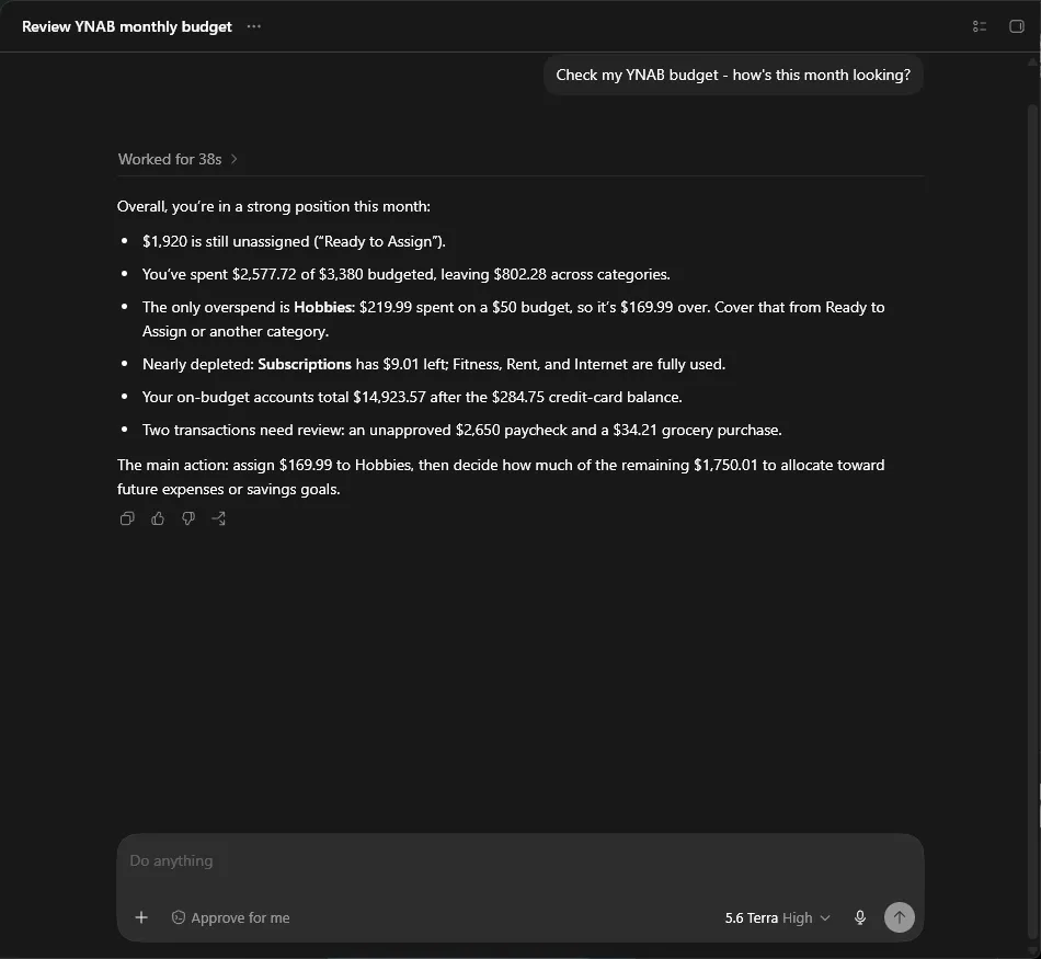 The Codex desktop app answering “Check my YNAB budget - how’s this month looking?” with a bulleted summary of the demo budget: unassigned money, one overspent category, and transactions needing review